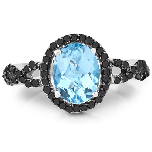 2.92 Carat Genuine Blue Topaz, Black Diamond &amp; White Diamond .925 Sterling Silver Ring by Bids.com