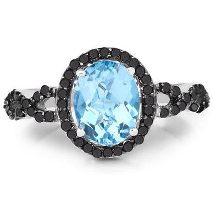 2.92 Carat Genuine Blue Topaz, Black Diamond &amp; White Diamond .925 Sterling Silver Ring by Bids.com