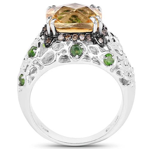 4.13 Carat Genuine Citrine, Chrome Diopside &amp; Champagne Diamond .925 Sterling Silver Ring by Bids.com