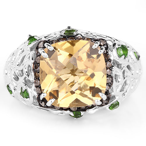 4.13 Carat Genuine Citrine, Chrome Diopside &amp; Champagne Diamond .925 Sterling Silver Ring by Bids.com