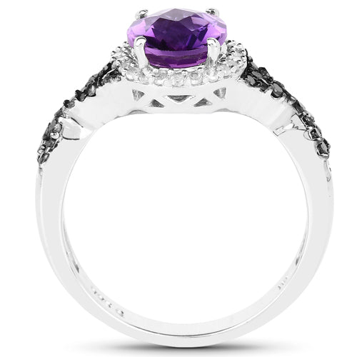 1.64 Carat Genuine Amethyst, Black Diamond &amp; White Diamond .925 Sterling Silver Ring by Bids.com