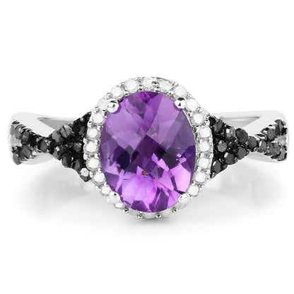1.64 Carat Genuine Amethyst, Black Diamond &amp; White Diamond .925 Sterling Silver Ring by Bids.com