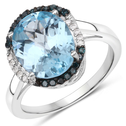 5.27 Carat Genuine Swiss Blue Topaz, Blue Diamond and White Diamond .925 Sterling Silver Ring by Bids.com