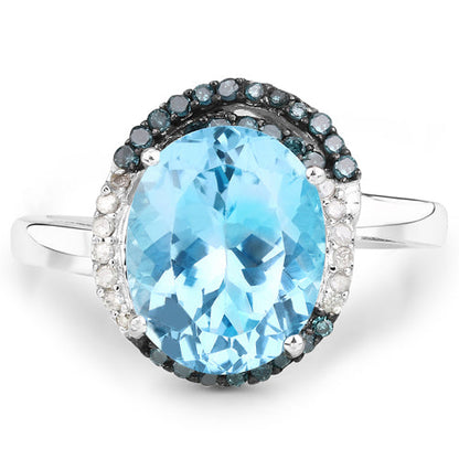 5.27 Carat Genuine Swiss Blue Topaz, Blue Diamond and White Diamond .925 Sterling Silver Ring by Bids.com