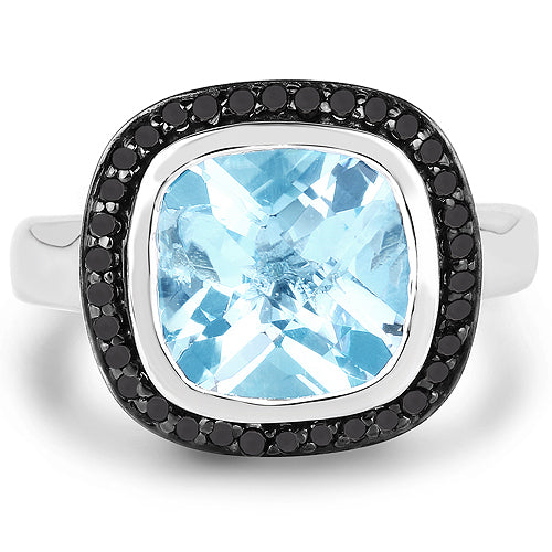 5.23 Carat Genuine Baby Swiss Blue Topaz and Black Diamond .925 Sterling Silver Ring by Bids.com