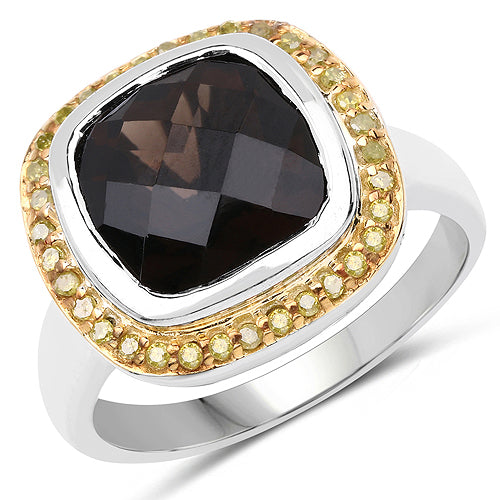 3.67 Carat Genuine Smoky Quartz and Yellow Diamond .925 Sterling Silver Ring by Bids.com