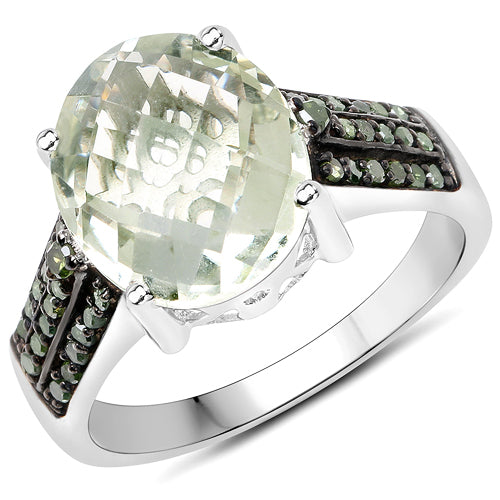 4.41 Carat Genuine Green Amethyst and Green Diamond .925 Sterling Silver Ring by Bids.com