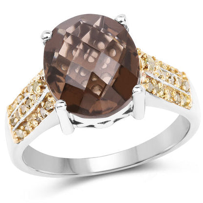 4.87 Carat Genuine Smoky Quartz and Yellow Diamond .925 Sterling Silver Ring by Bids.com
