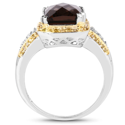 3.48 Carat Genuine Smoky Quartz, Yellow Diamond and White Diamond .925 Sterling Silver Ring by Bids.com