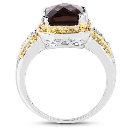 3.48 Carat Genuine Smoky Quartz, Yellow Diamond and White Diamond .925 Sterling Silver Ring by Bids.com