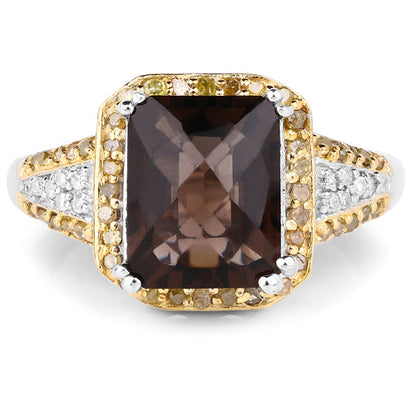3.48 Carat Genuine Smoky Quartz, Yellow Diamond and White Diamond .925 Sterling Silver Ring by Bids.com