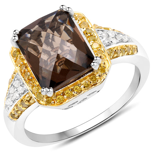 3.48 Carat Genuine Smoky Quartz, Yellow Diamond and White Diamond .925 Sterling Silver Ring by Bids.com