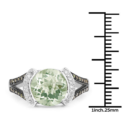 3.59 Carat Genuine Green Amethyst, Green Diamond &amp; White Diamond .925 Sterling Silver Ring by Bids.com