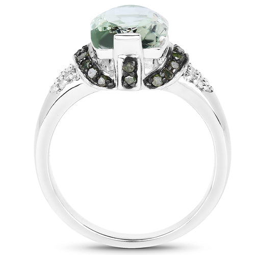 2.92 Carat Genuine Green Amethyst, Green Diamond &amp; White Diamond .925 Sterling Silver Ring by Bids.com