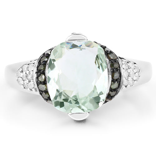 2.92 Carat Genuine Green Amethyst, Green Diamond &amp; White Diamond .925 Sterling Silver Ring by Bids.com