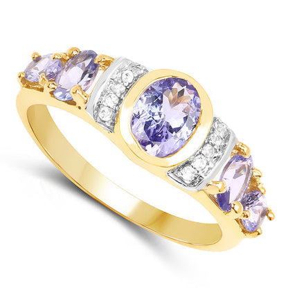 14K Yellow Gold Plated 1.64 Carat Genuine Tanzanite &amp; White Topaz .925 Sterling Silver Ring  DestGlow