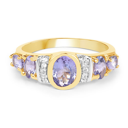 14K Yellow Gold Plated 1.64 Carat Genuine Tanzanite &amp; White Topaz .925 Sterling Silver Ring  DestGlow