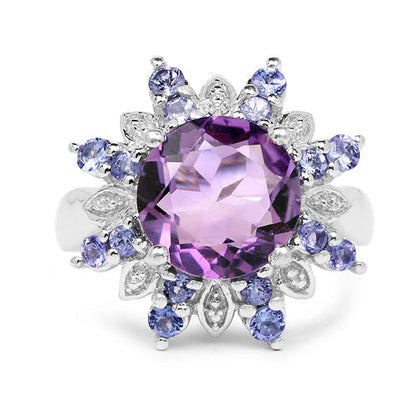 4.06 Carat Genuine Amethyst &amp; Tanzanite .925 Sterling Silver Ring  DestGlow
