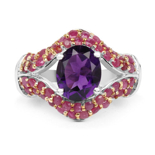 3.53 Carat Genuine Amethyst and Ruby .925 Sterling Silver Ring  DestGlow