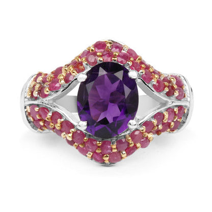 3.53 Carat Genuine Amethyst and Ruby .925 Sterling Silver Ring  DestGlow