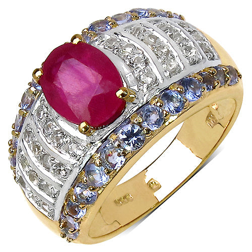 14K Yellow Gold Plated 3.02 Carat Genuine Ruby, Tanzanite &amp; White Topaz .925 Sterling Silver Ring by Bids.com