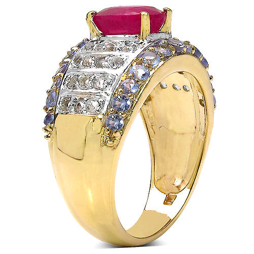 14K Yellow Gold Plated 3.02 Carat Genuine Ruby, Tanzanite &amp; White Topaz .925 Sterling Silver Ring by Bids.com