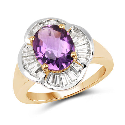 14K Yellow Gold Plated 3.35 Carat Genuine Amethyst &amp; White Topaz .925 Sterling Silver Ring  DestGlow