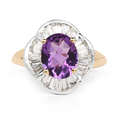 14K Yellow Gold Plated 3.35 Carat Genuine Amethyst &amp; White Topaz .925 Sterling Silver Ring  DestGlow