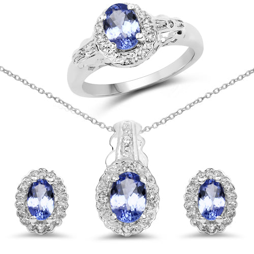 2.46 Carat Genuine Tanzanite and White Topaz .925 Sterling Silver 3 Piece Jewelry Set (Ring, Earrings, and Pendant w/ Chain) by Bids.com