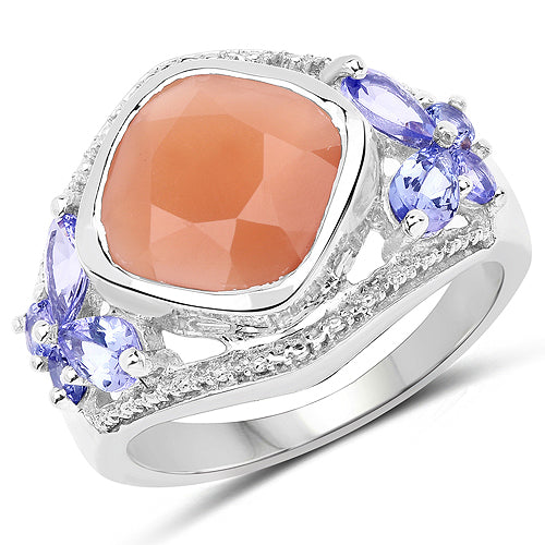 4.67 Carat Genuine Peach Moonstone and Tanzanite .925 Sterling Silver Ring by Bids.com