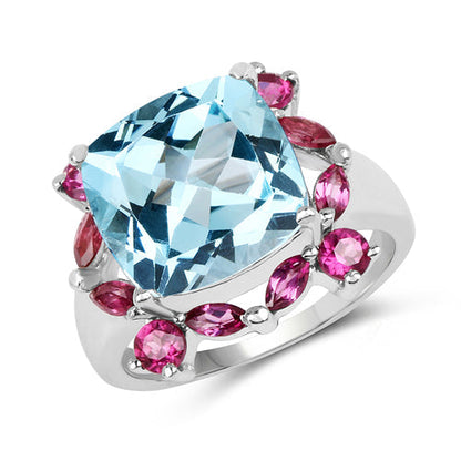 8.19 Carat Genuine Blue Topaz &amp; Rhodolite .925 Sterling Silver Ring  DestGlow