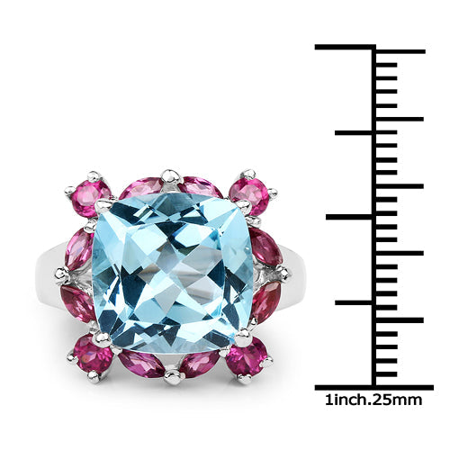 8.19 Carat Genuine Blue Topaz &amp; Rhodolite .925 Sterling Silver Ring  DestGlow