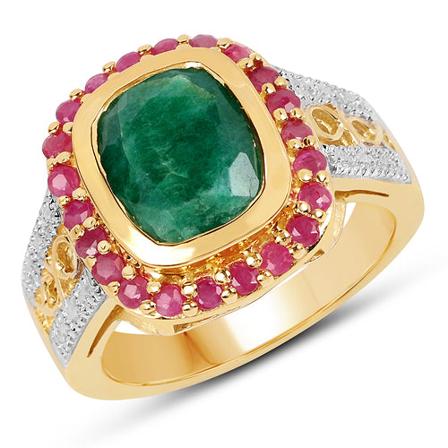 14K Yellow Gold Plated 4.80 ct. t.w. Dyed Emerald and Ruby Ring in Sterling Silver by Bids.com