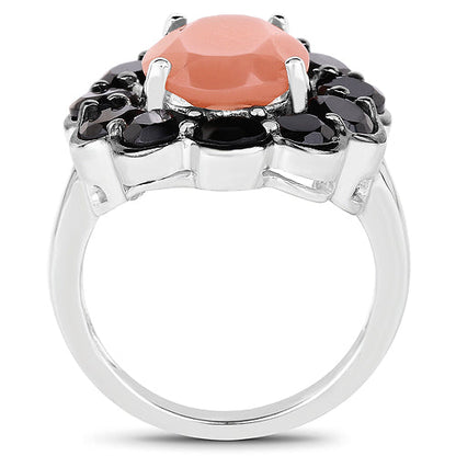 7.88 Carat Genuine Peach Moonstone and Black Spinel .925 Sterling Silver Ring by Bids.com