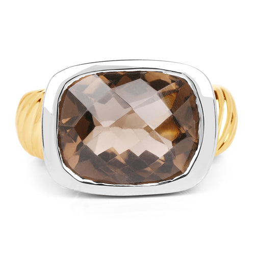Two Tone Plated 7.53 Carat Genuine Smoky Quartz .925 Sterling Silver Ring  DestGlow