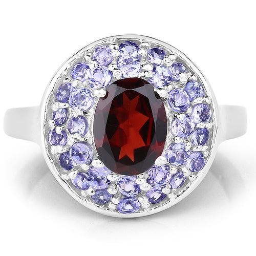 2.56 Carat Genuine Garnet &amp; Tanzanite .925 Sterling Silver Ring