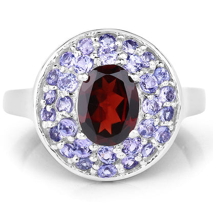 2.56 Carat Genuine Garnet &amp; Tanzanite .925 Sterling Silver Ring