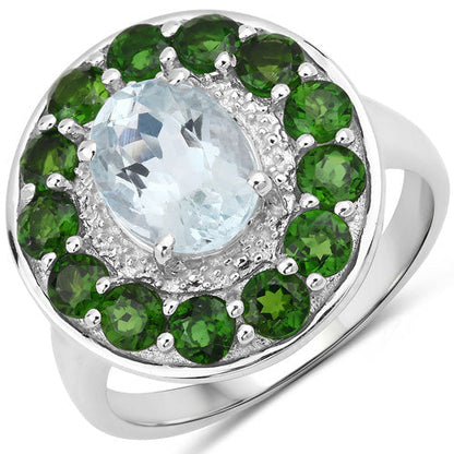 2.96 Carat Genuine Aquamarine and Chrome Diopside .925 Sterling Silver Ring by Bids.com