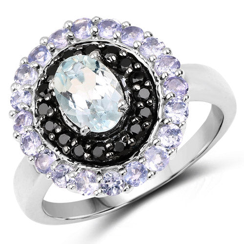 1.77 Carat Genuine Aquamarine, Black Spinel and Tanzanite .925 Sterling Silver Ring by Bids.com