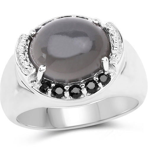 5.68 Carat Genuine Grey Moonstone &amp; Black Spinel .925 Sterling Silver Ring by Bids.com