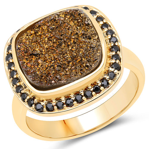 14K Yellow Gold Plated 6.19 Carat Genuine Drusy Quartz and Black Spinel .925 Sterling Silver Ring by Bids.com