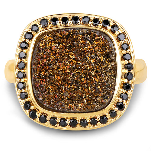 14K Yellow Gold Plated 6.19 Carat Genuine Drusy Quartz and Black Spinel .925 Sterling Silver Ring by Bids.com