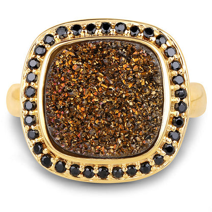14K Yellow Gold Plated 6.19 Carat Genuine Drusy Quartz and Black Spinel .925 Sterling Silver Ring by Bids.com