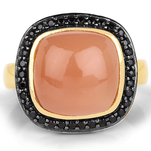 14K Yellow Gold Plated 7.50 ct. t.w. Peach Moonstone and Black Spinel Ring in Sterling Silver by Bids.com