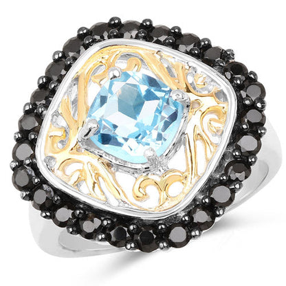 Two Tone Plated 2.85 Carat Genuine Swiss Blue Topaz and Black Spinel .925 Sterling Silver Ring by Bids.com