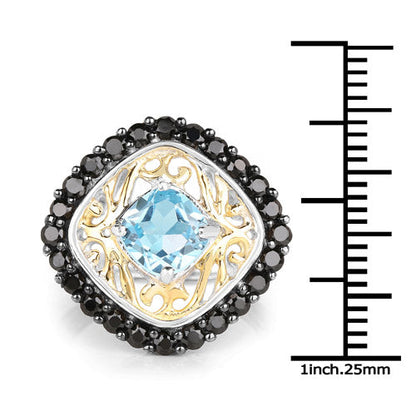 Two Tone Plated 2.85 Carat Genuine Swiss Blue Topaz and Black Spinel .925 Sterling Silver Ring by Bids.com