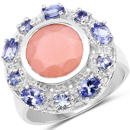 4.50 Carat Genuine Peach Moonstone and Tanzanite .925 Sterling Silver Ring  DestGlow