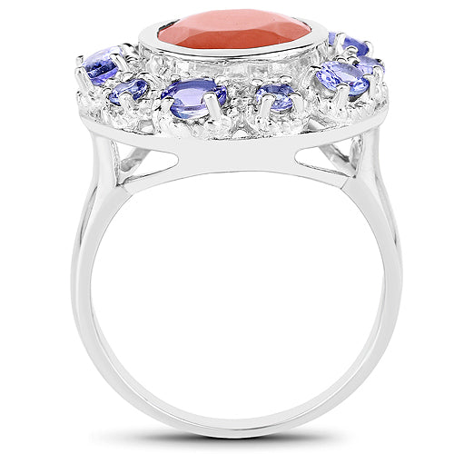 4.50 Carat Genuine Peach Moonstone and Tanzanite .925 Sterling Silver Ring  DestGlow
