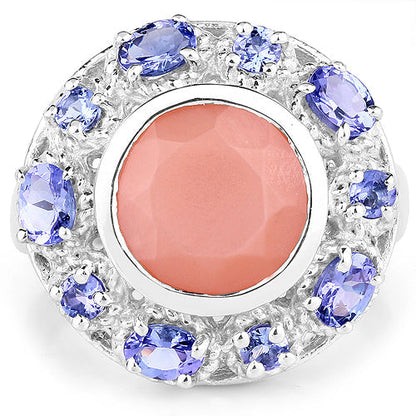 4.50 Carat Genuine Peach Moonstone and Tanzanite .925 Sterling Silver Ring  DestGlow