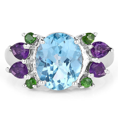 4.00 Carat Genuine Swiss Blue Topaz, Chrome Diopside &amp; Amethyst .925 Sterling Silver Ring  DestGlow